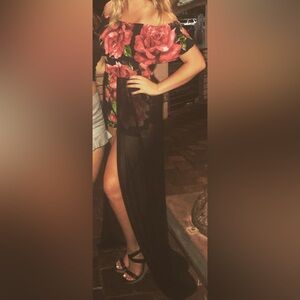 Black romper with roses and sheer black train